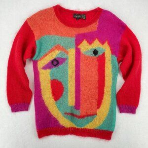 Vintage 80s Mohair Sweater M Abstract Face Pop Art Cubist Novelty Knit Red
